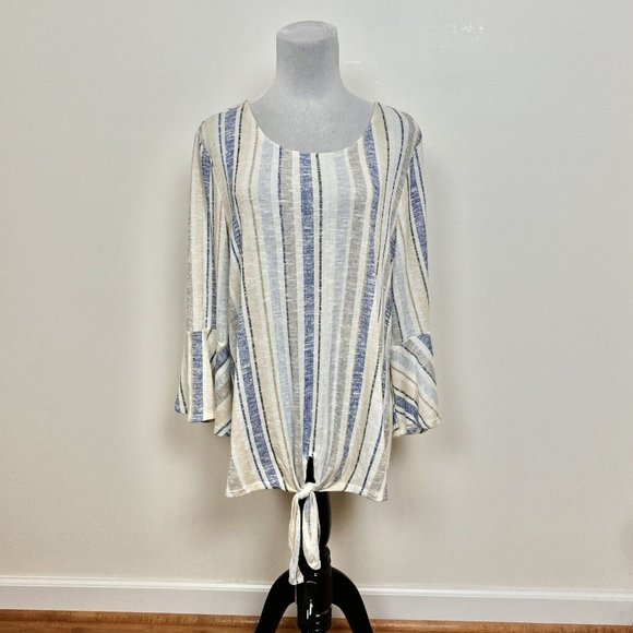 New Directions Striped Pull On Bell Sleeve with Front Tie Stretch Comfort Top XL - Picture 8 of 8